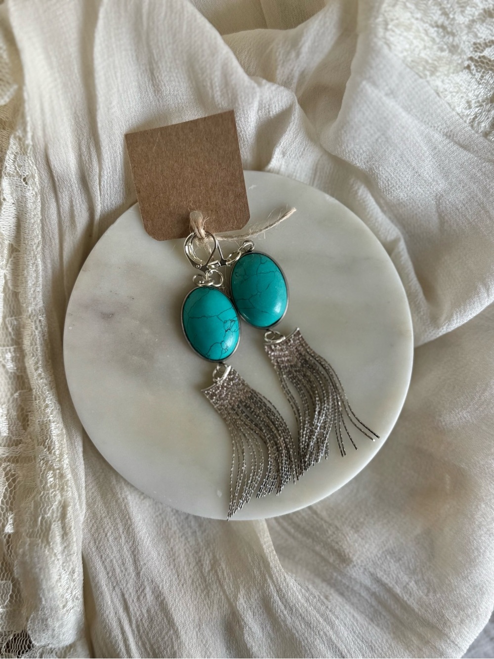 Marbled Turquoise Color Howlite Earrings w/Silver Tassel